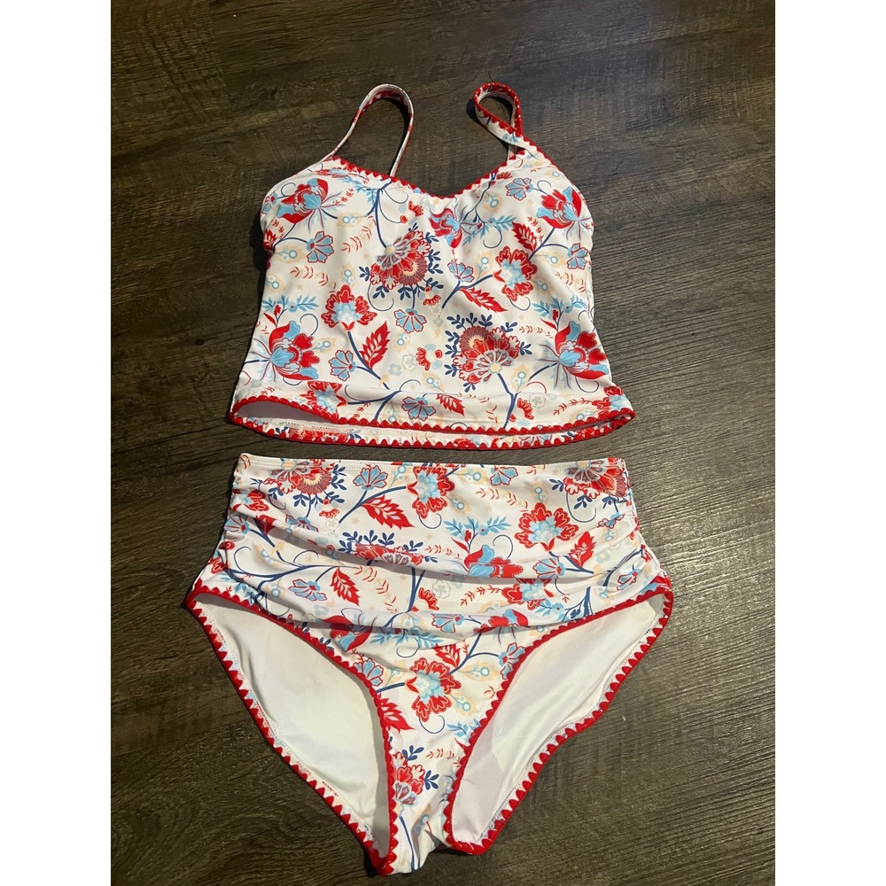 EOMENIE Womens Tankini Floral Print Ric Rac Trim White Red Blue Size M